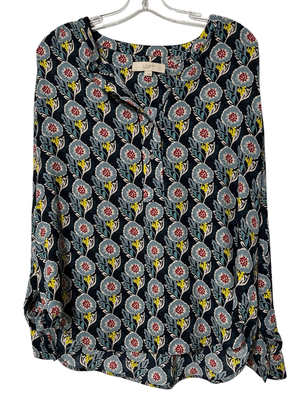 LOFT Navy Floral Button-Front Top with Light Blue Blooms and Red Centers